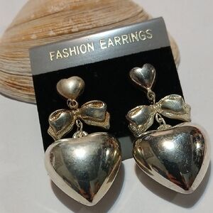 Silver Heart Earrings with Bow